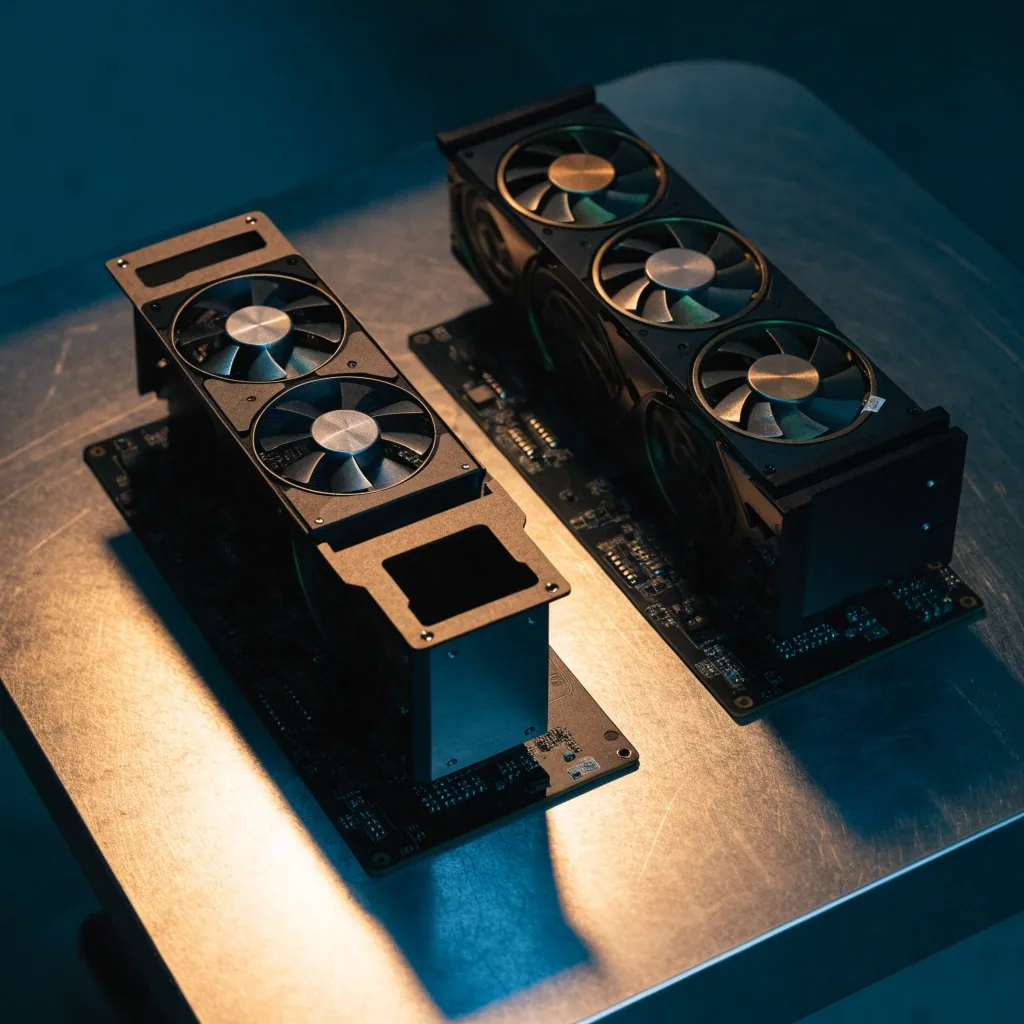 A dual-fan and a triple-fan graphics card set side by side on the shop bench