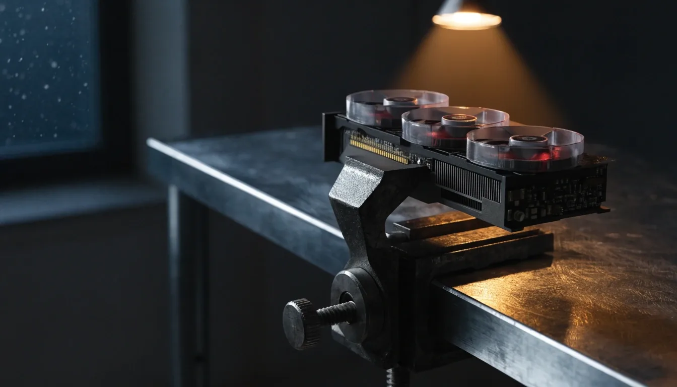 A dual-slot graphics card held in a bench vise under warm bench light in the Lumivane workshop
