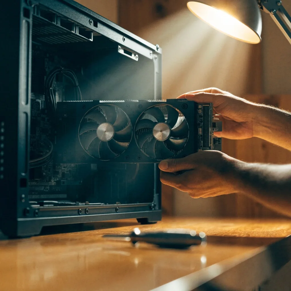 A technician seating a dual-fan graphics card into an open computer case