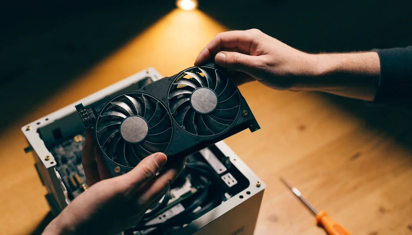 A hand sliding a dual-fan graphics card into an open small-form-factor case on a work table under warm lamp light