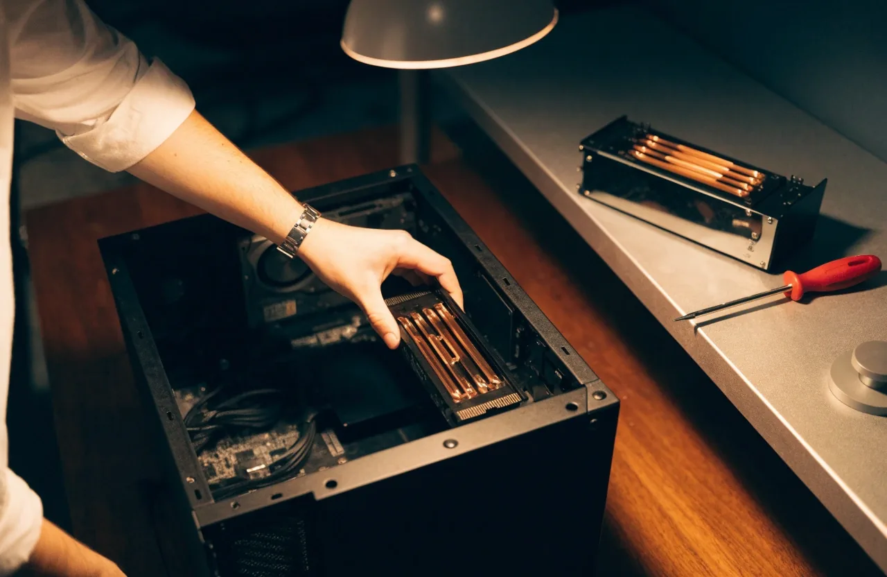 A person installing a graphics card into an open desktop case at a night work table