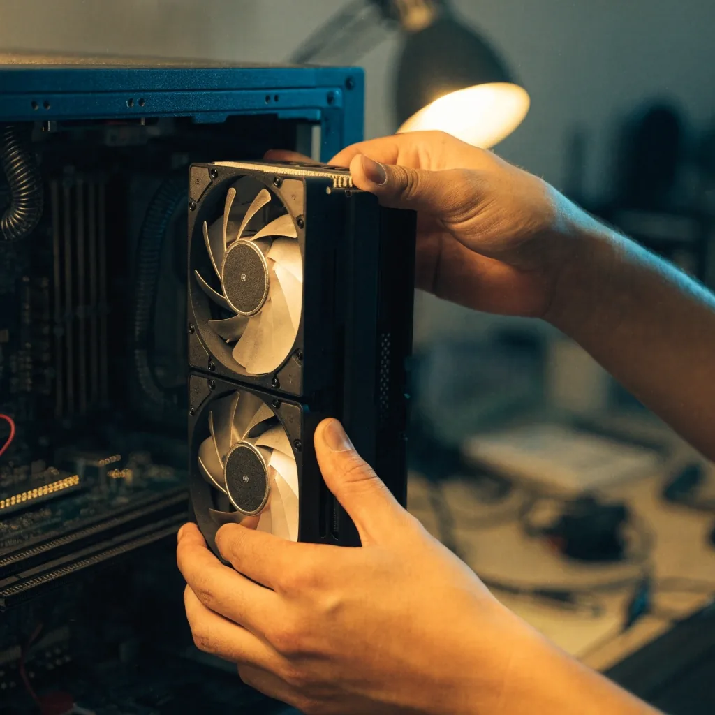 Macro of a dual-fan graphics card cooler on an aluminium bench under warm lamp light
