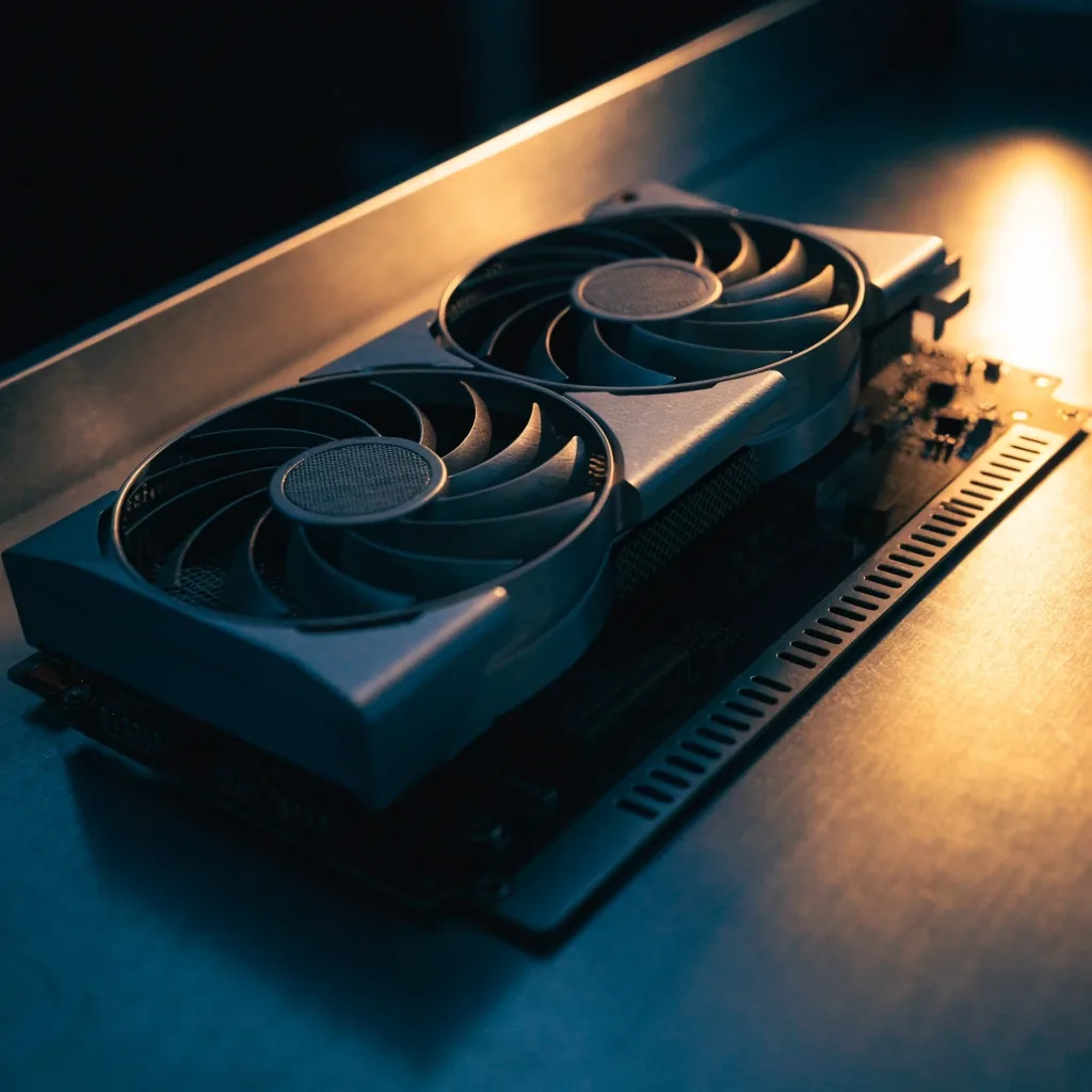 Dual-fan graphics card on a bench under warm lamp light