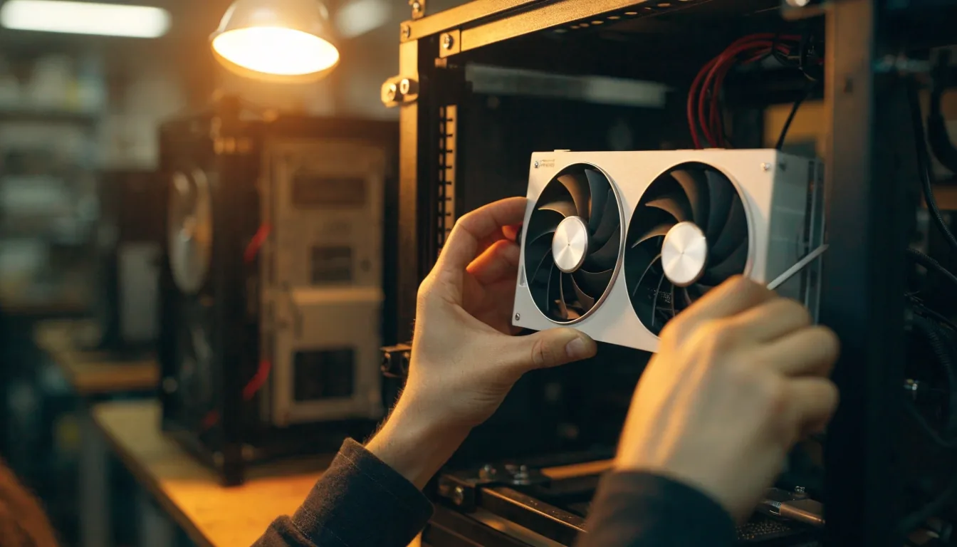 Three-fan graphics card cooler on a workbench under warm lamp light
