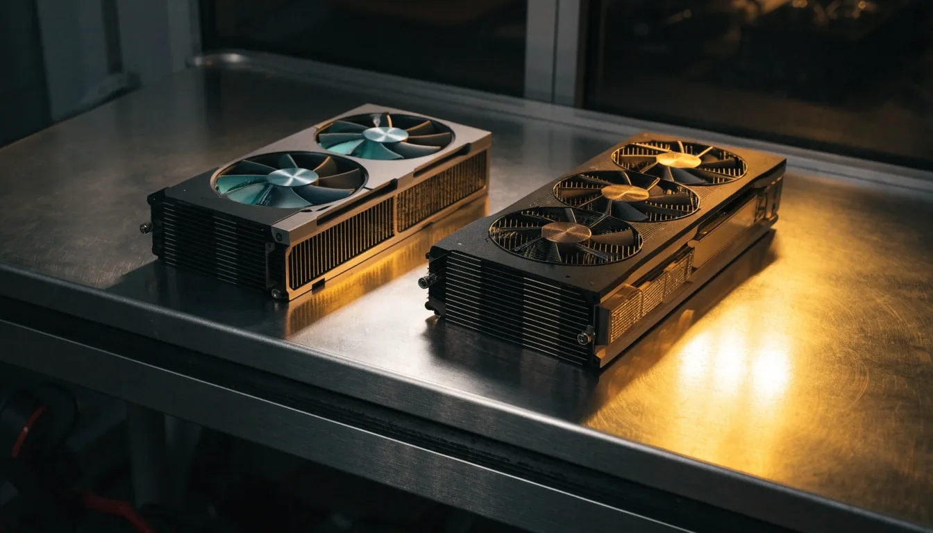 Two graphics cards side by side on a workbench under warm lamp light