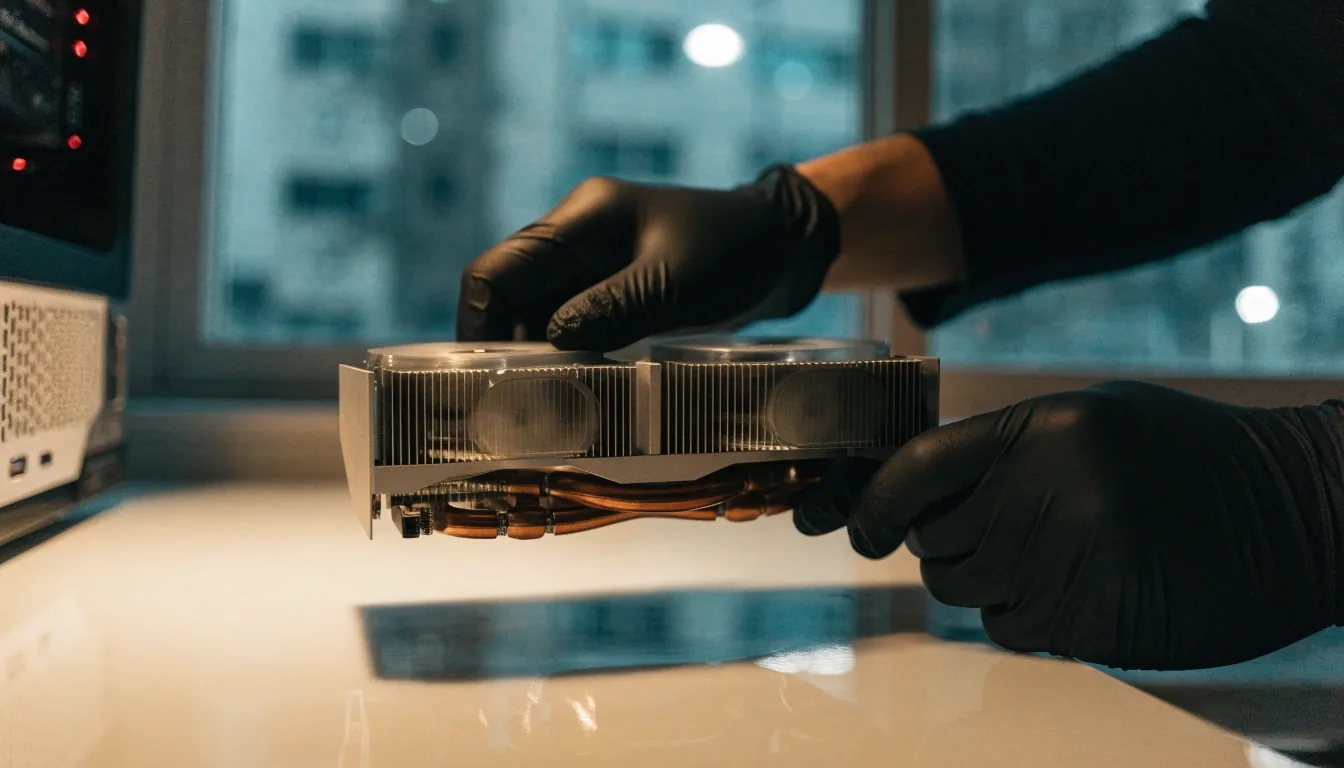 A graphics card being set onto a lit workbench in the Seoul store