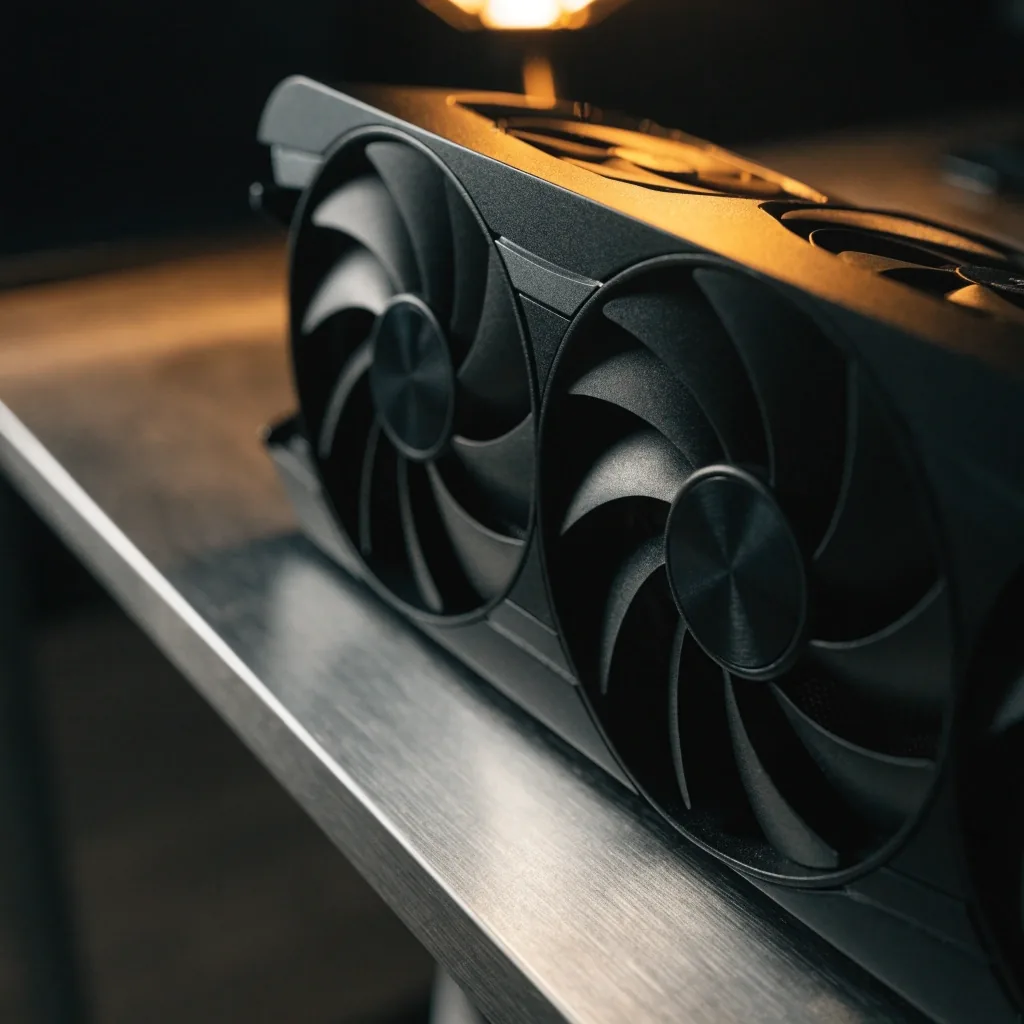 Close view of a graphics card cooler under warm lamp light on the bench