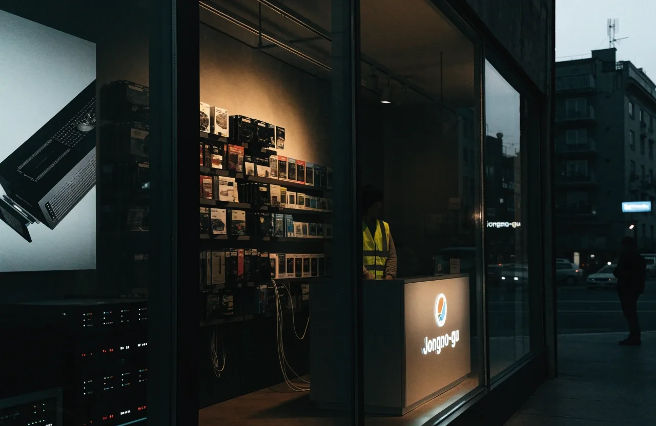 The storefront window of the Jongno-gu GPU shop at night, seen from inside