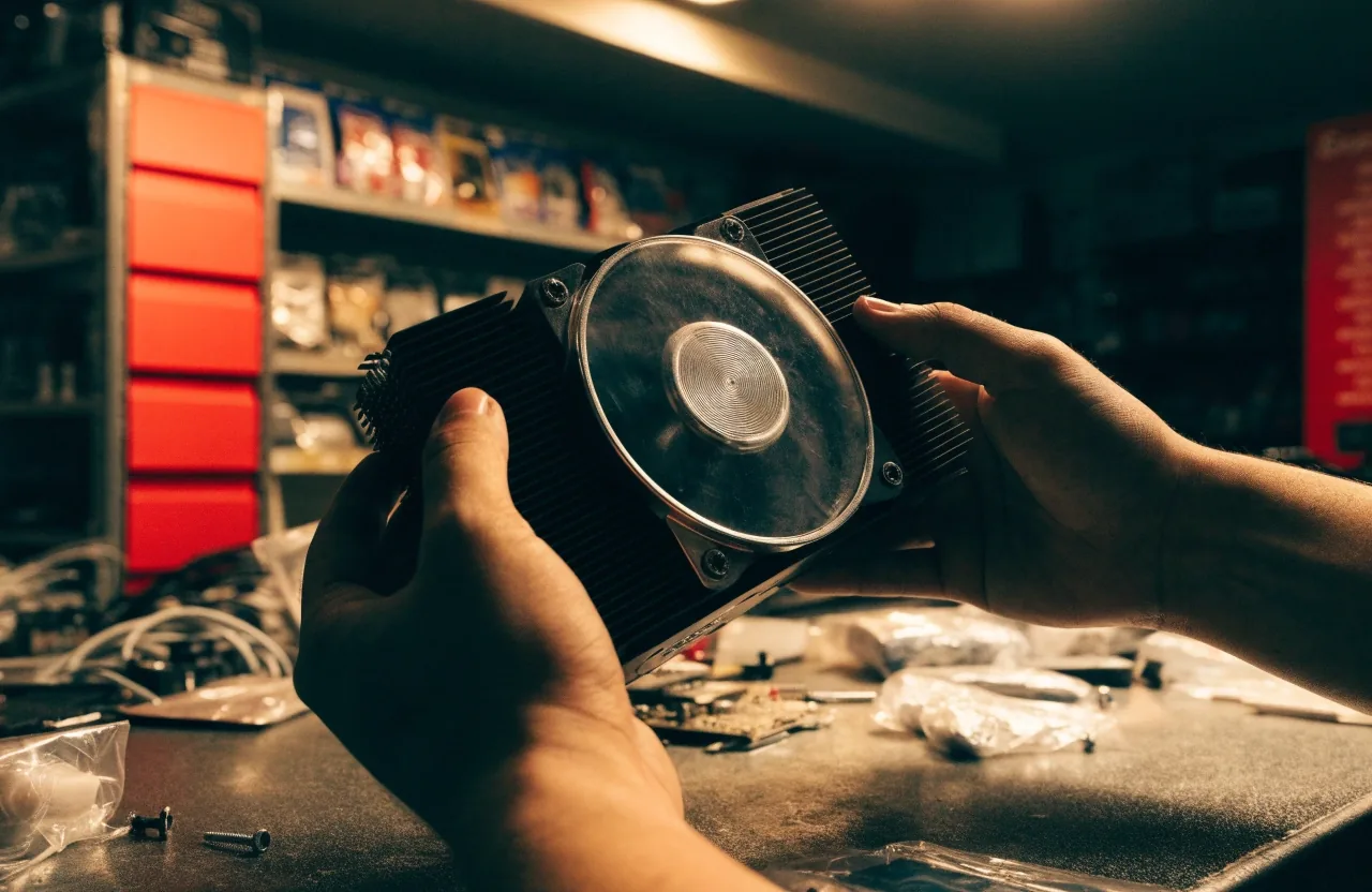 Hands holding a graphics card cooler above a workbench under warm light