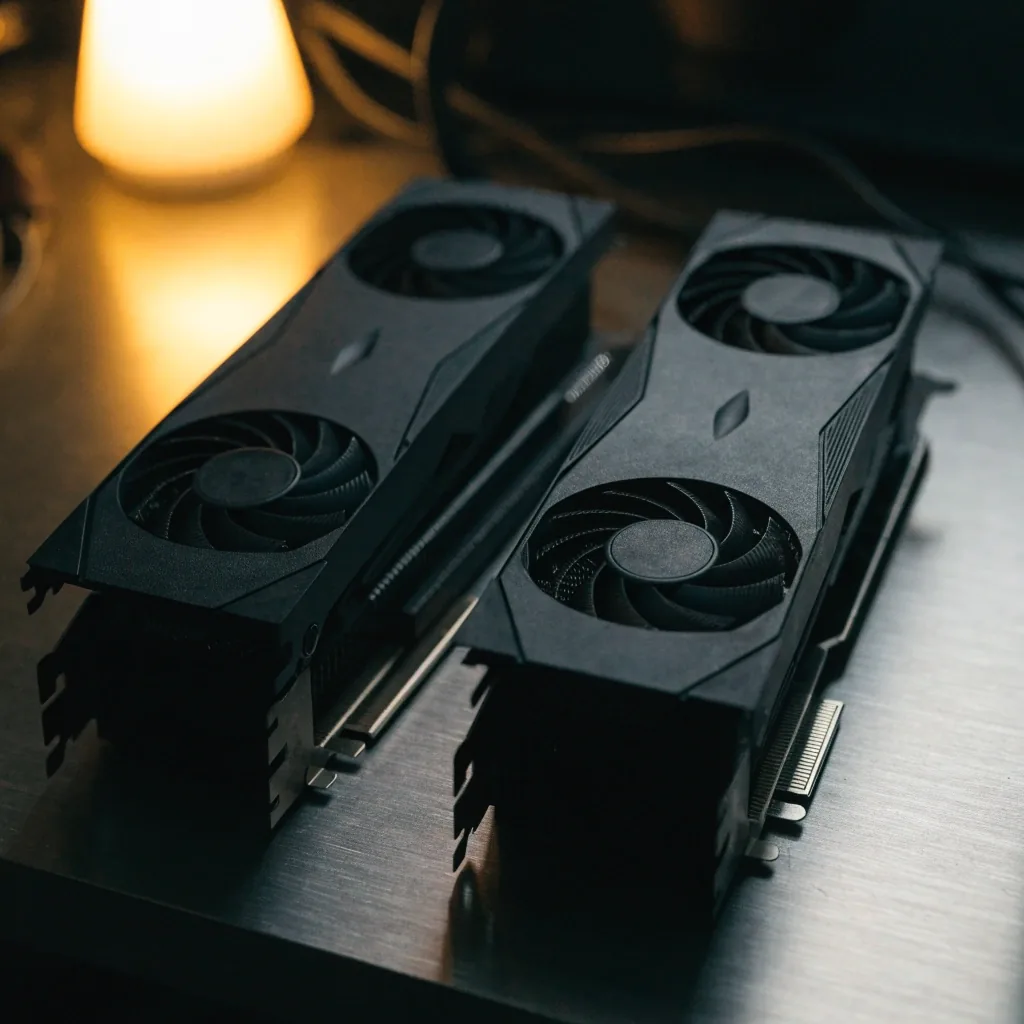 Two mid-range graphics cards resting side by side on an aluminium workbench under warm lamp light