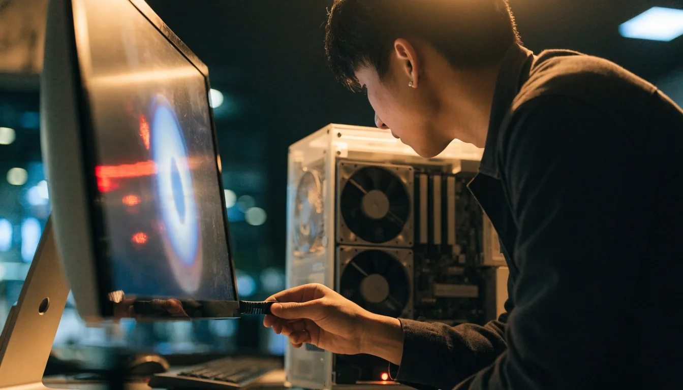A Seoul hardware store interior at night with a graphics card resting on a work bench