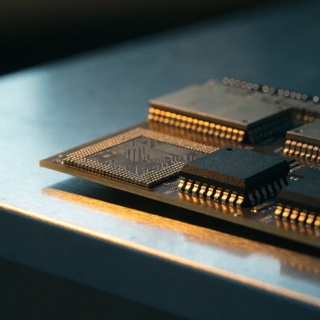 Macro of a graphics card die and VRAM packages lit under a warm lamp on a work bench