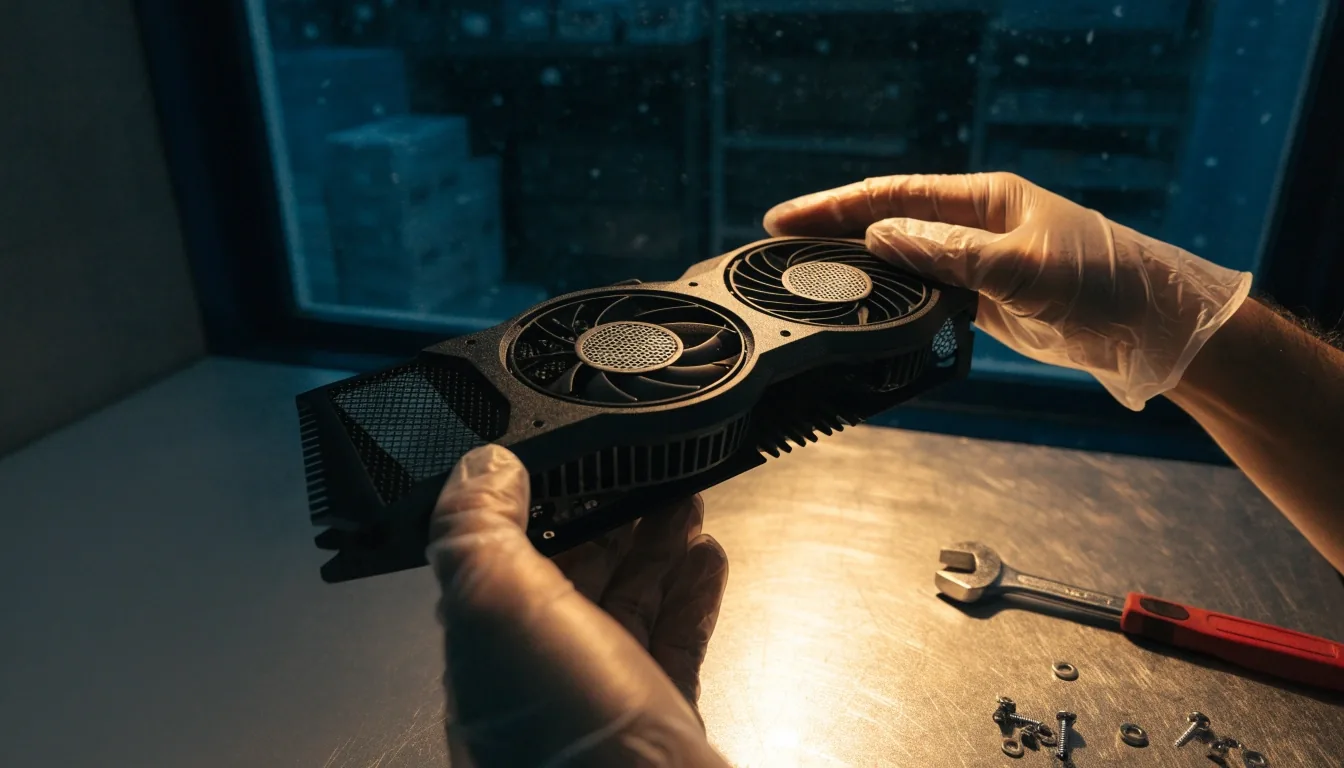 A dual-fan graphics card held above a workbench under a warm lamp in a Seoul hardware shop at night