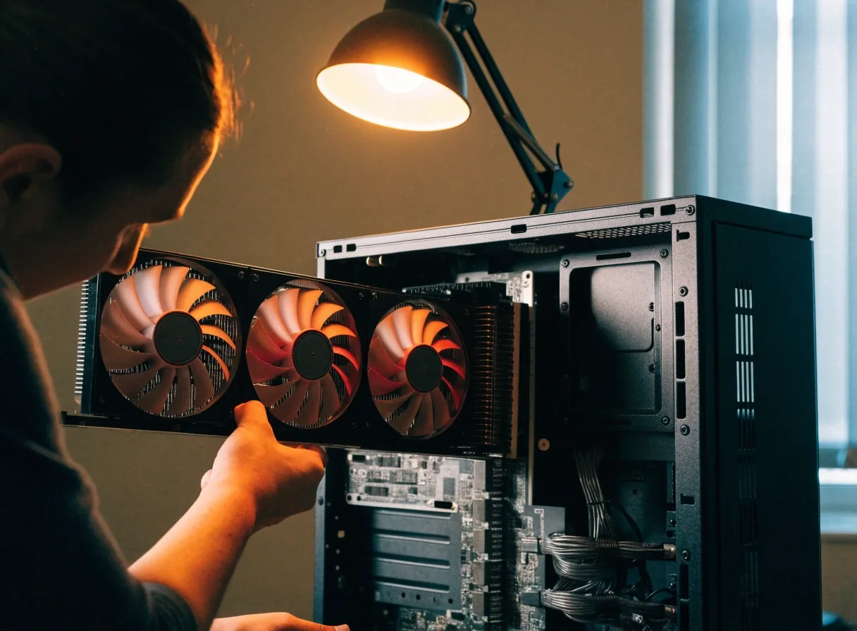 Long triple-fan graphics card on an aluminium bench under a warm lamp, low side angle