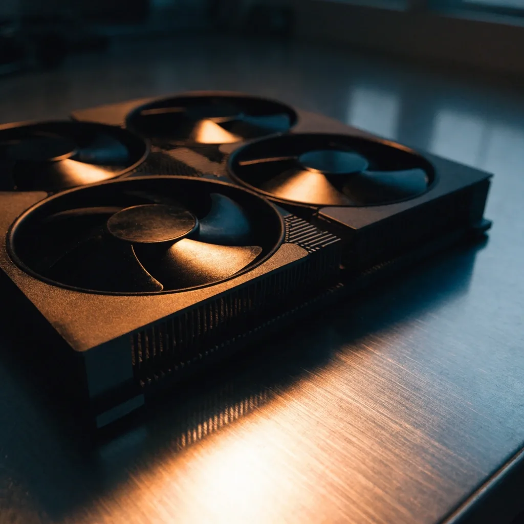 Low-angle macro of a three-fan graphics card cooler on an aluminium bench under a warm lamp