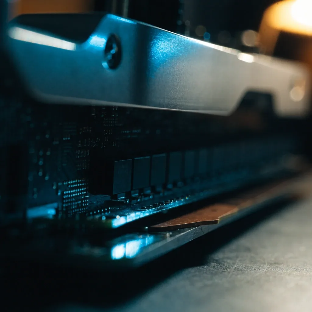 Macro of a graphics card board showing memory modules and die edge under a mix of warm and cool light