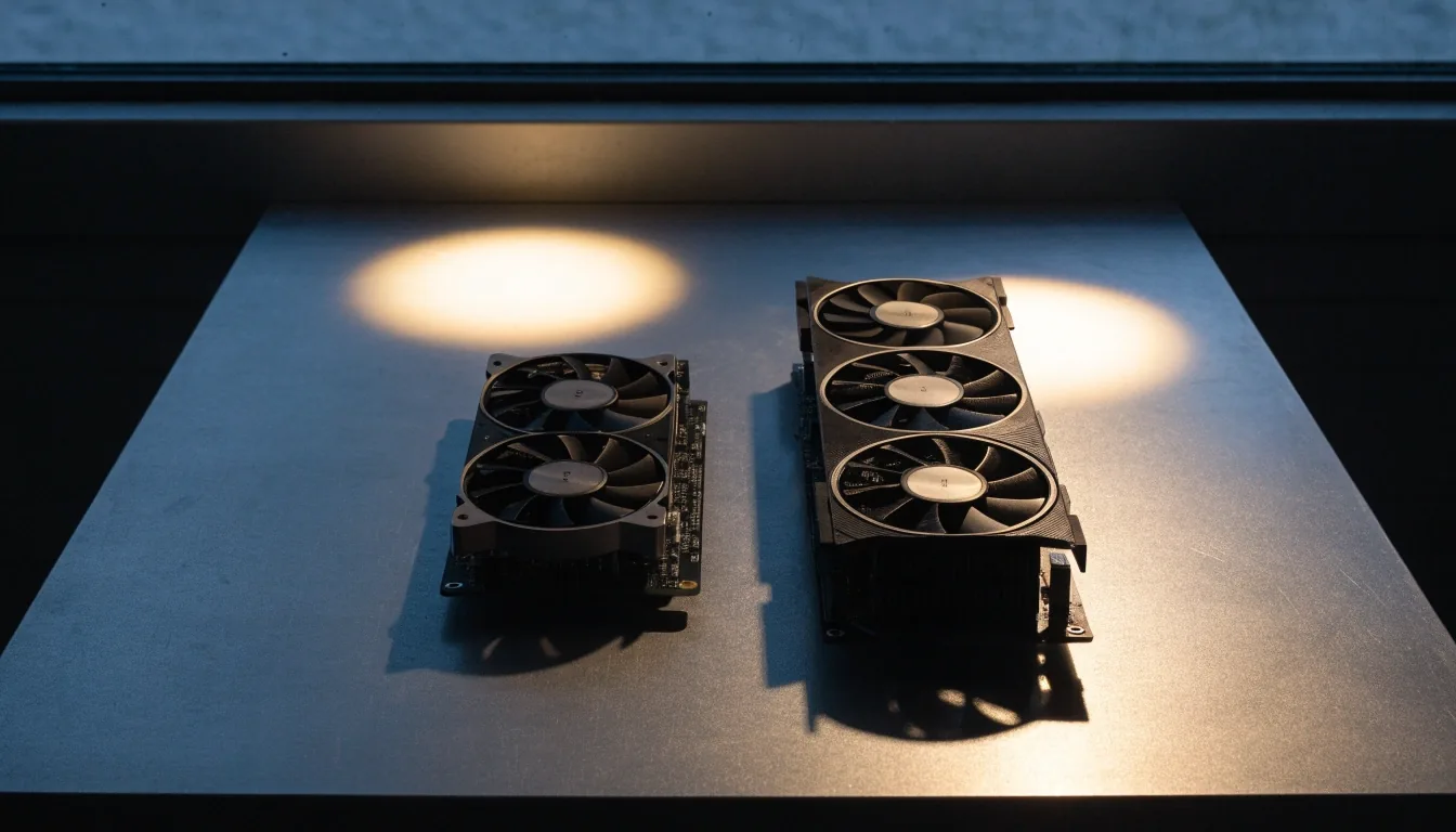 Two graphics cards of different length and cooler size side by side on an aluminium bench under two lamp pools