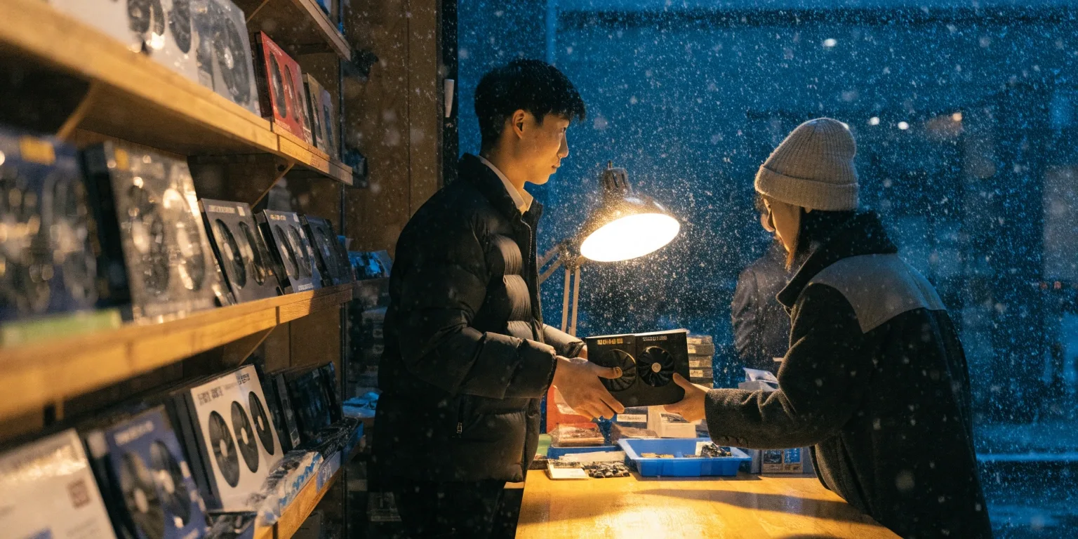 A graphics card in a fabric bag on a shop counter at night under a warm lamp, with snow visible through the front window
