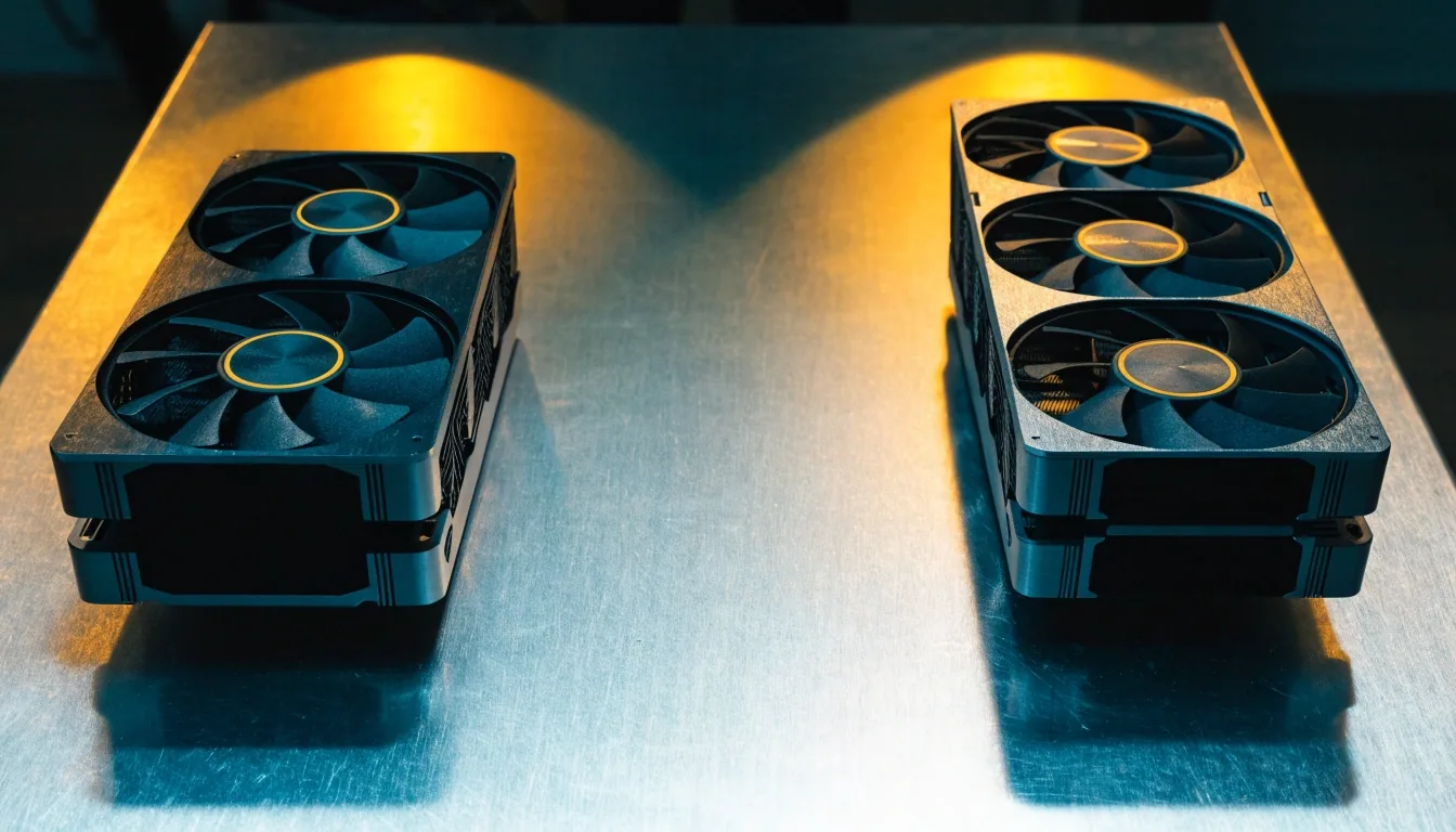 Two graphics cards placed side by side on a workbench under two separate pools of warm lamp light