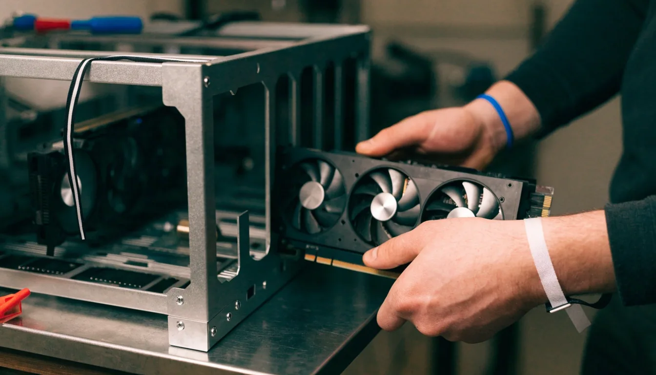 Hand installing a graphics card into an open PC case