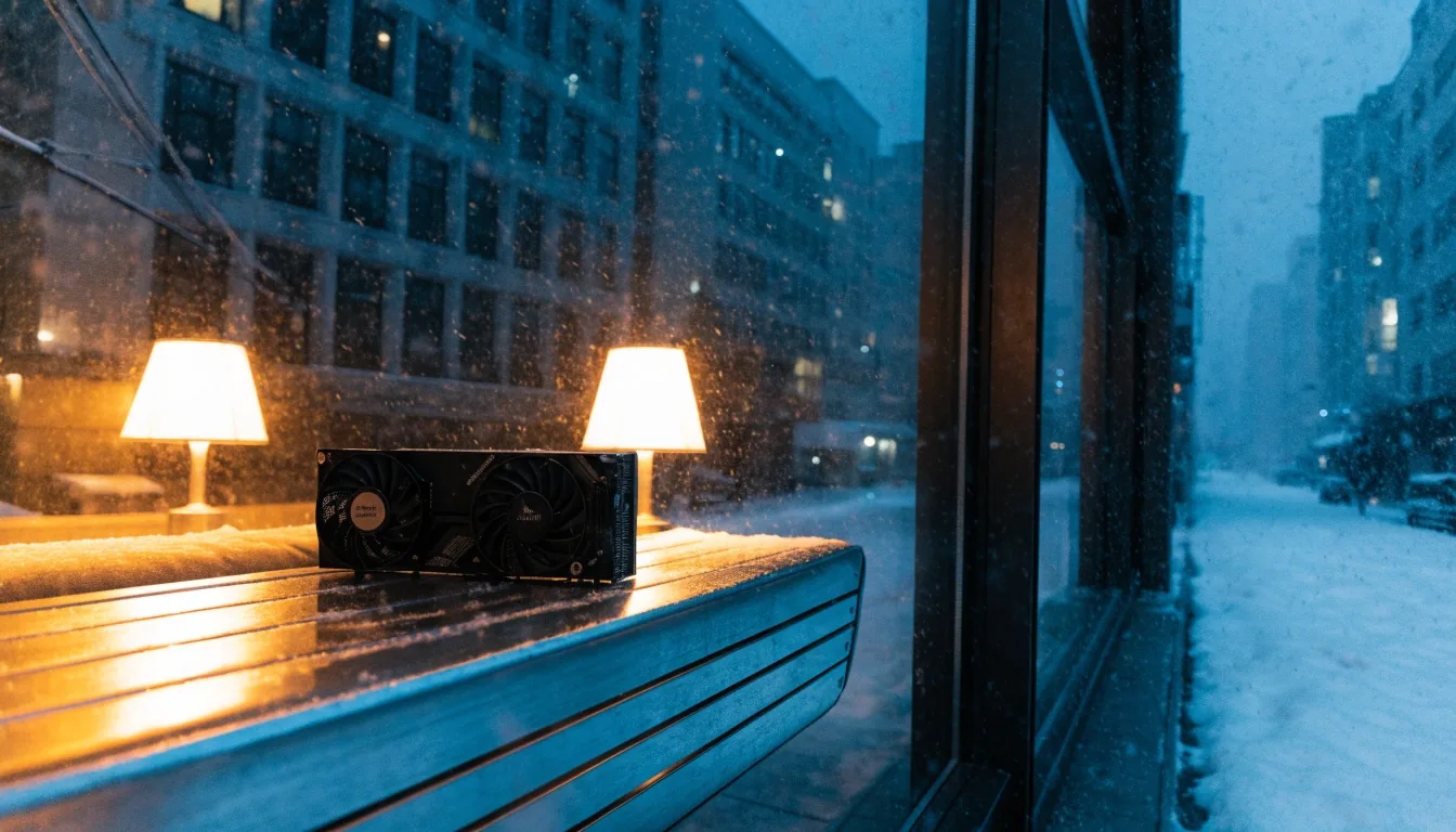 Shop window at night with snow falling and a warm bench just inside