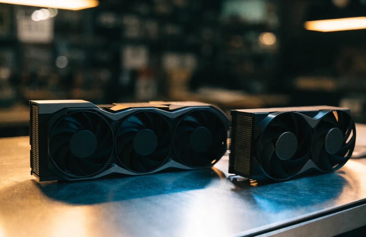 Two graphics cards side by side on a lit bench under two lamps