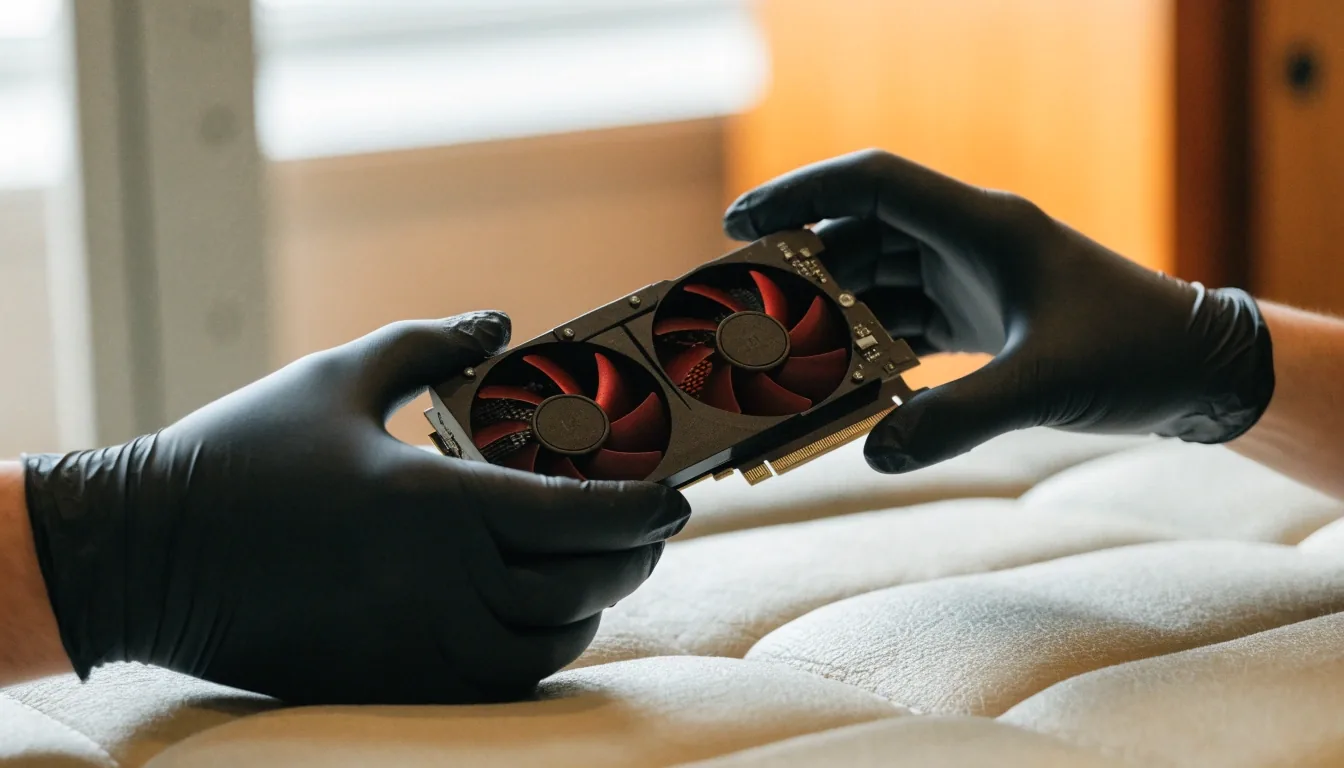 A graphics card and its carry case laid out on a metal workbench under warm lamp light