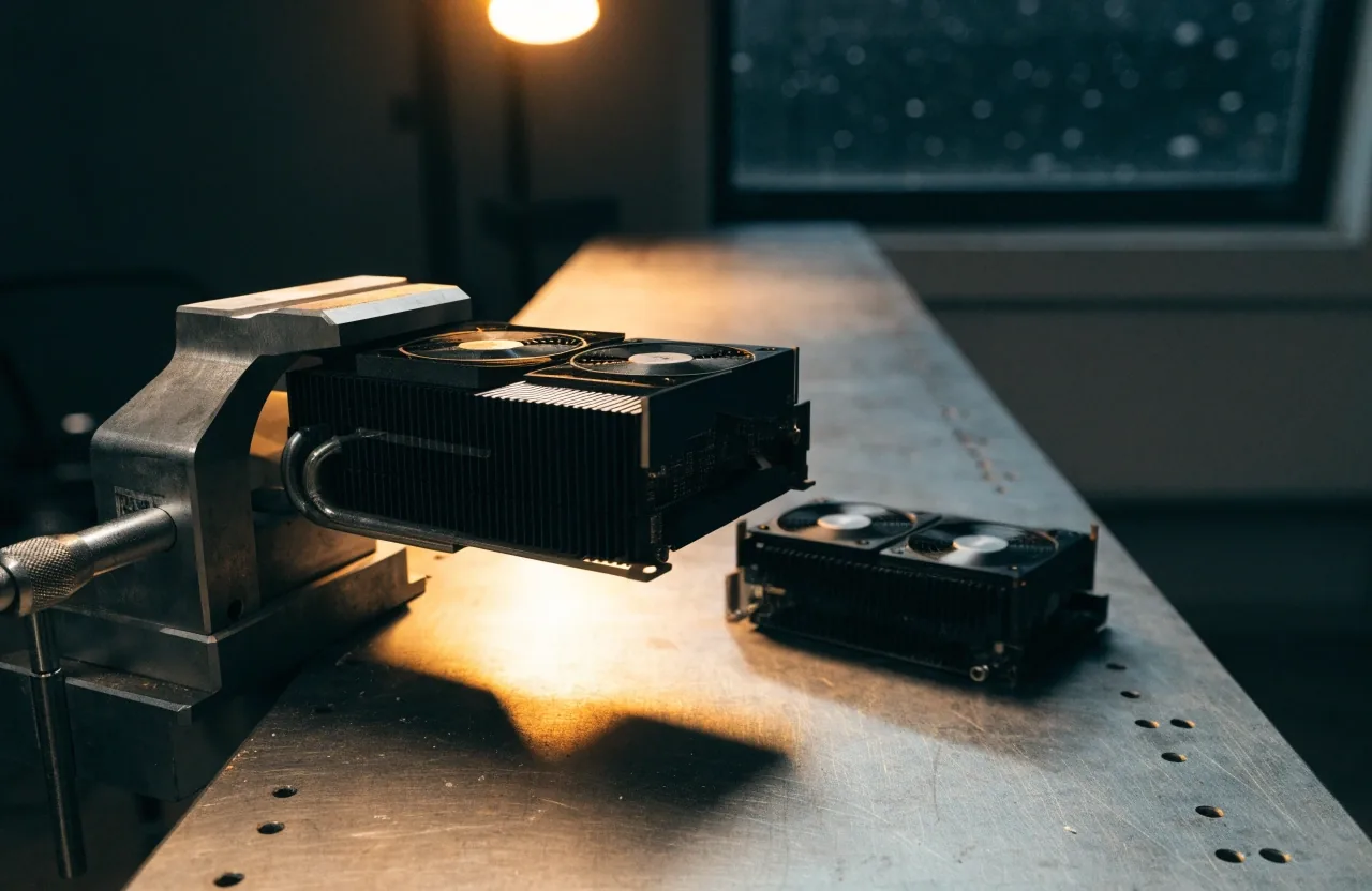 A graphics card clamped on the shop bench under a single warm lamp, with a dark snow-lit window behind