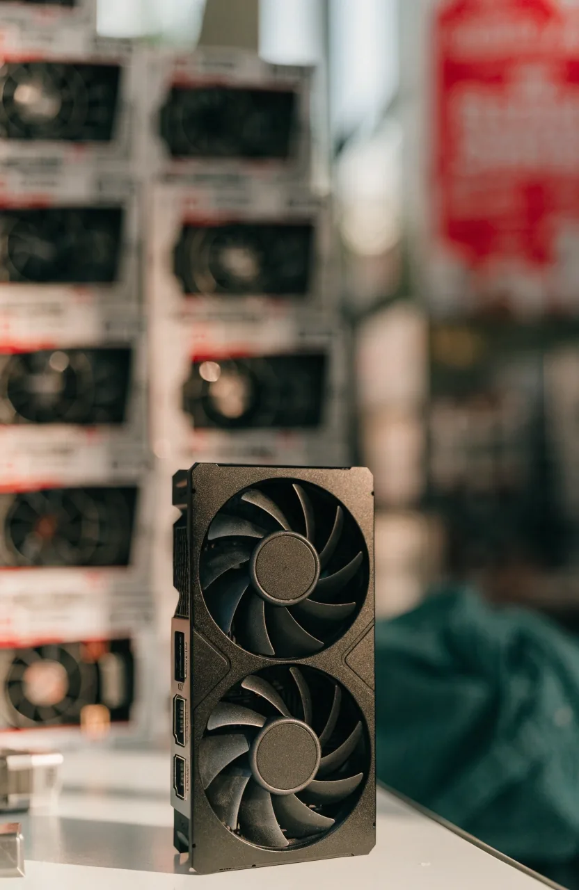 Close view of a three-fan graphics card cooler under warm lamp light on the shop bench
