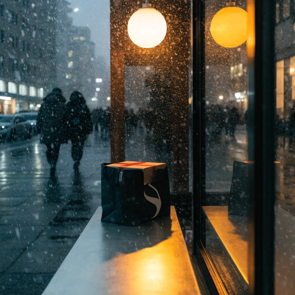 The store window at night seen from inside, snow outside and a warm lamp on the bench